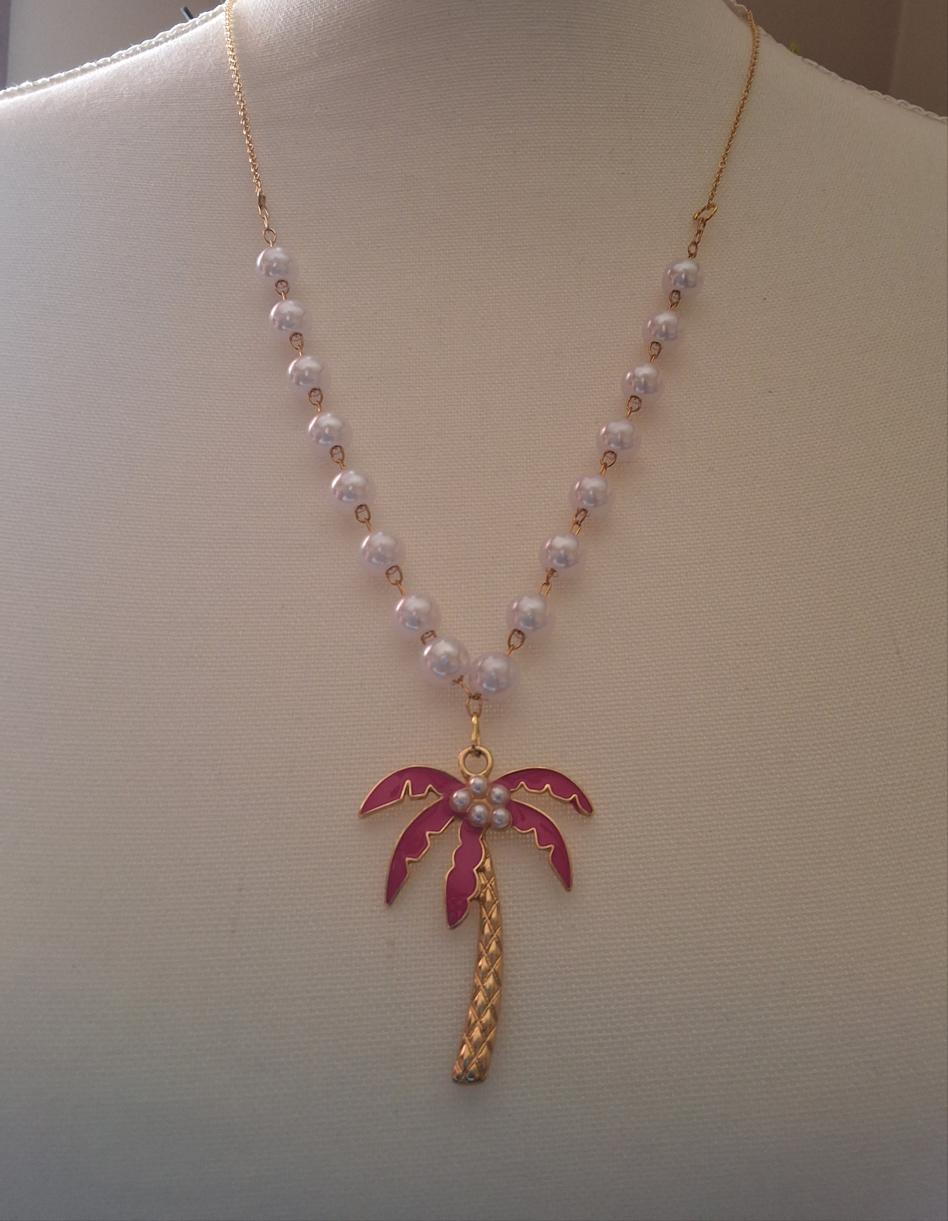 Pink Palm Tree with Pearls and a Magnetic Closure Necklace Style # 1258