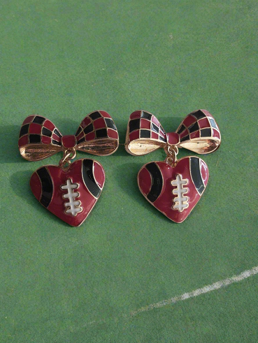 Black and Red Bow Football Earrings with Heart Style # 1300