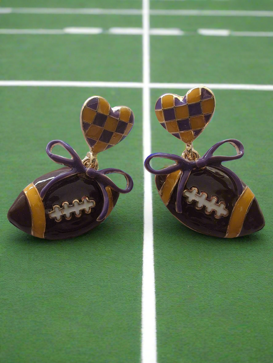 Purple and Yellow Football with Bow Earrings Style # 1302