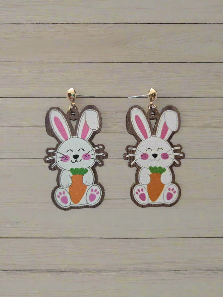 Gold White Wooden Bunny Earrings style # 1257