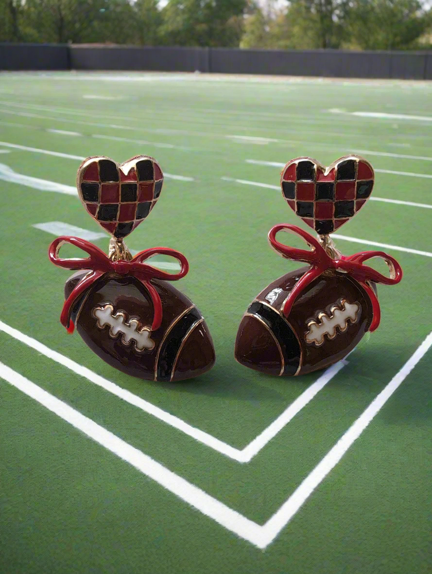 Black and Red Heart Football Earrings with Bow Style # 1303