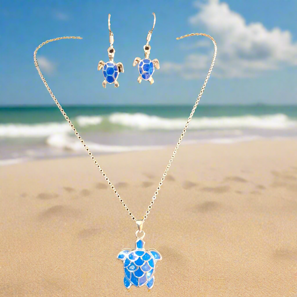 Blue Turtle Necklace with Earrings Style # 727