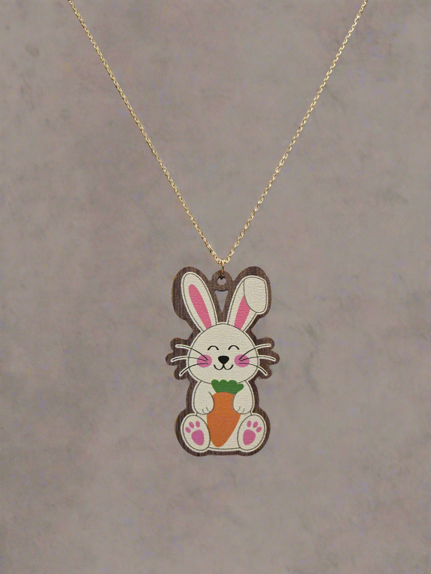 Gold White Wooden Bunny Necklace Style # 1254