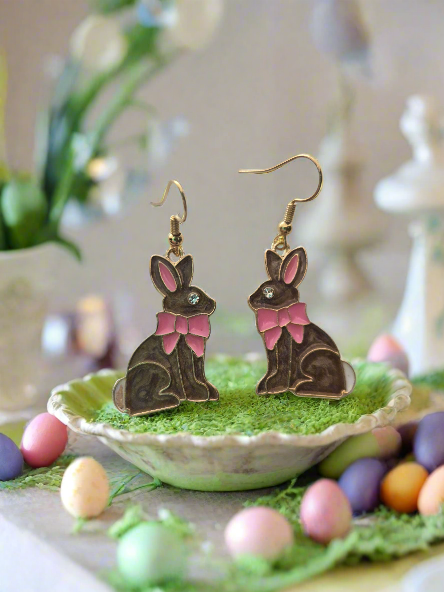 Brown Bunny Earrings With Pink Bow Style # 1256