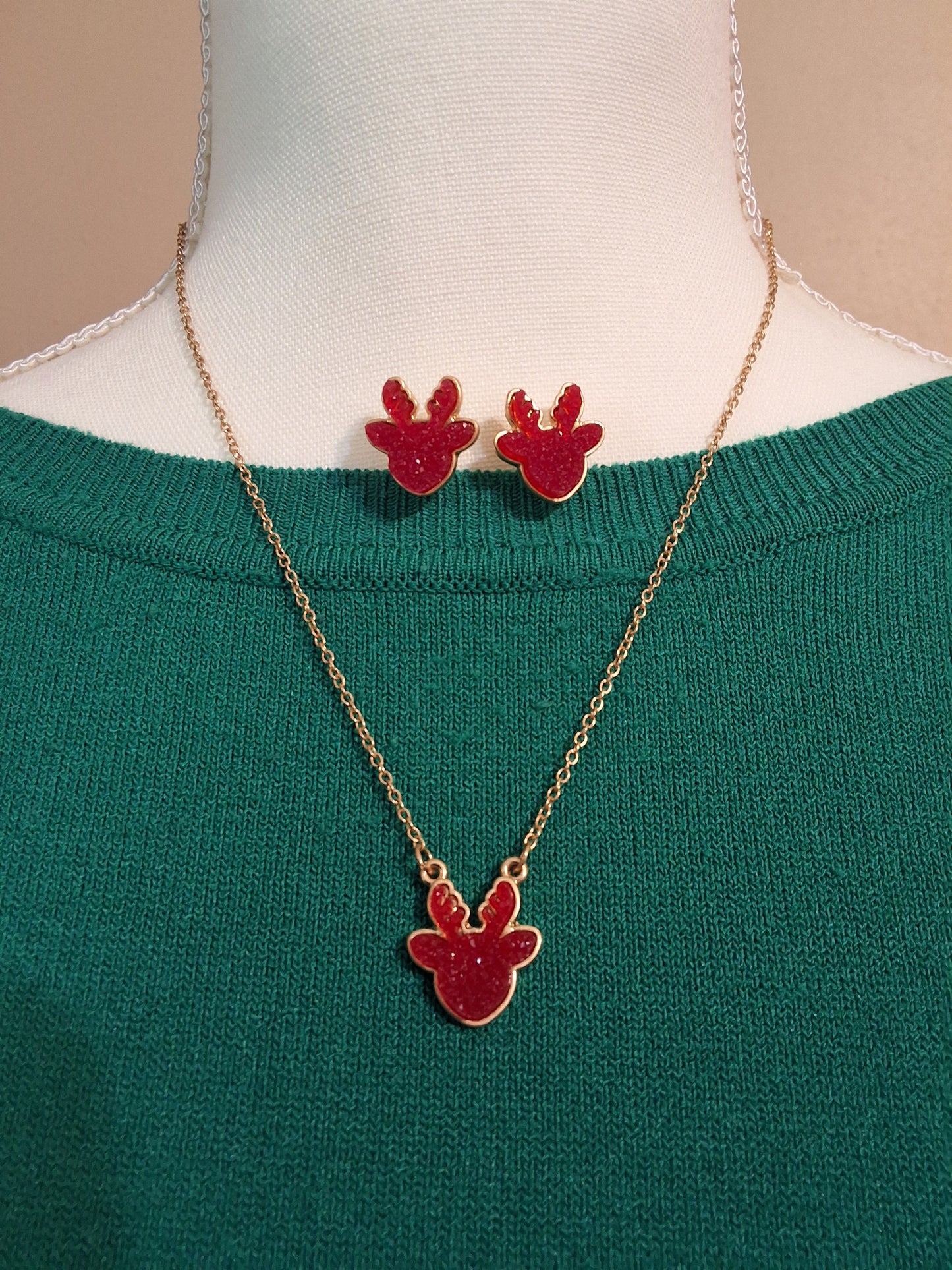 Red Reindeer Necklace with Earring Set Style # 906