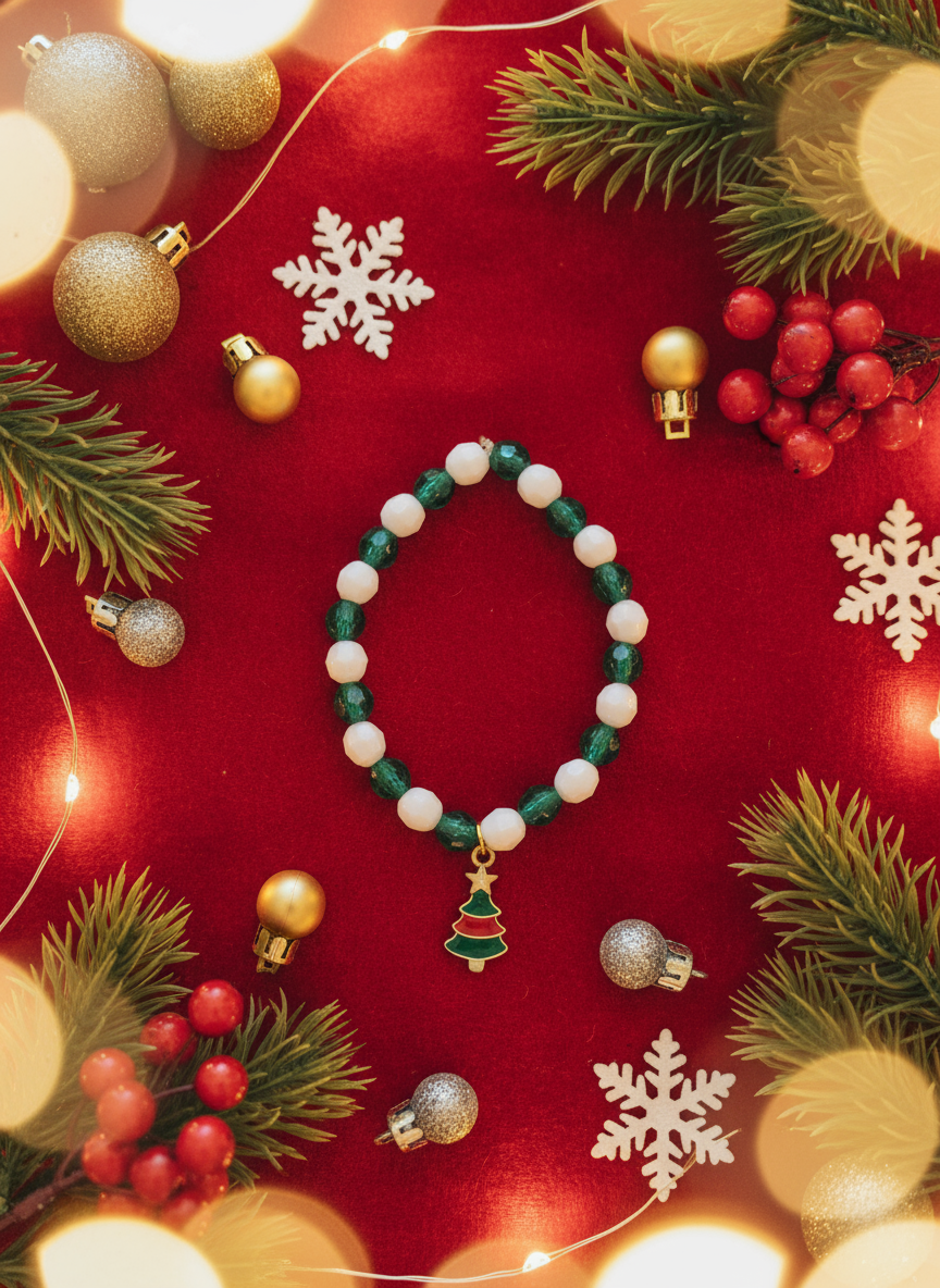 Green and White Bracelet with Christmas Tree Charm Style # 236