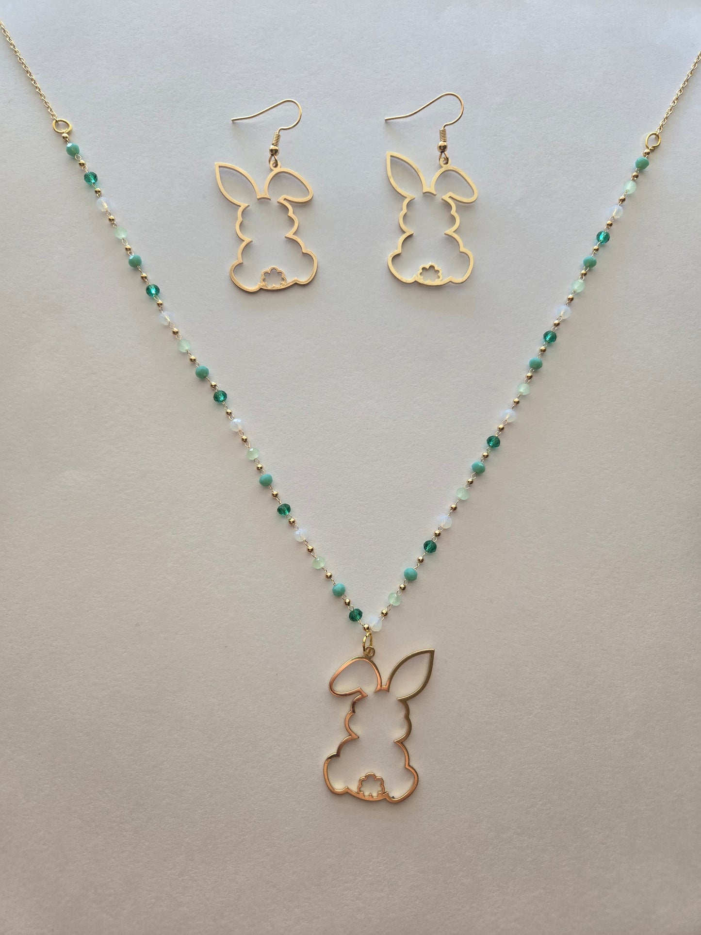Gold Green Bunny Necklace And Earrings Set Style # 1247