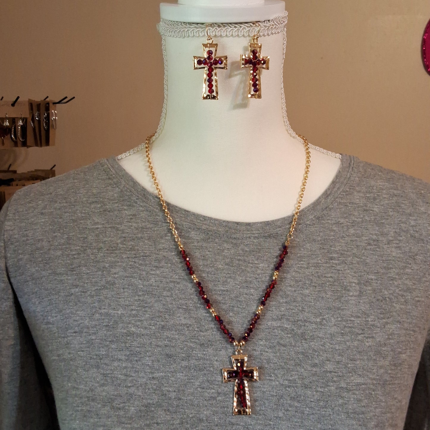 Red Cross Necklace and Earrings Style # 865