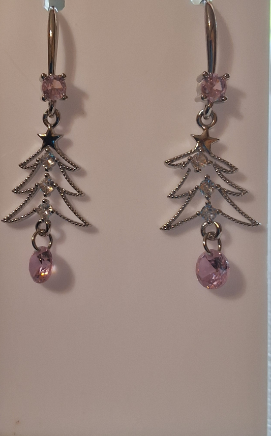 Pink Stone Christmas Tree Earrings Style # 1158