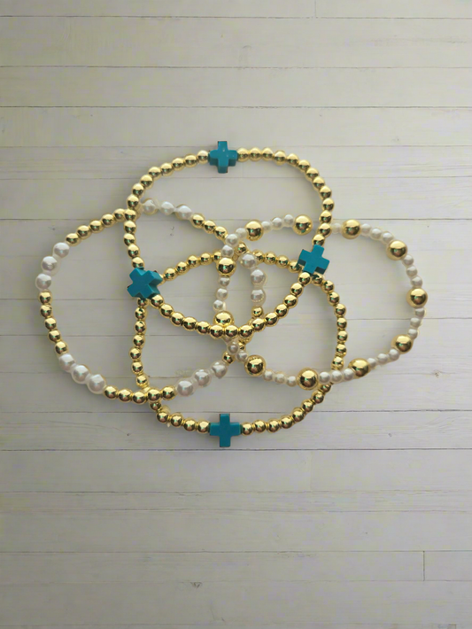 Gold and Pearl Blue Cross Bracelet Set Style #1213