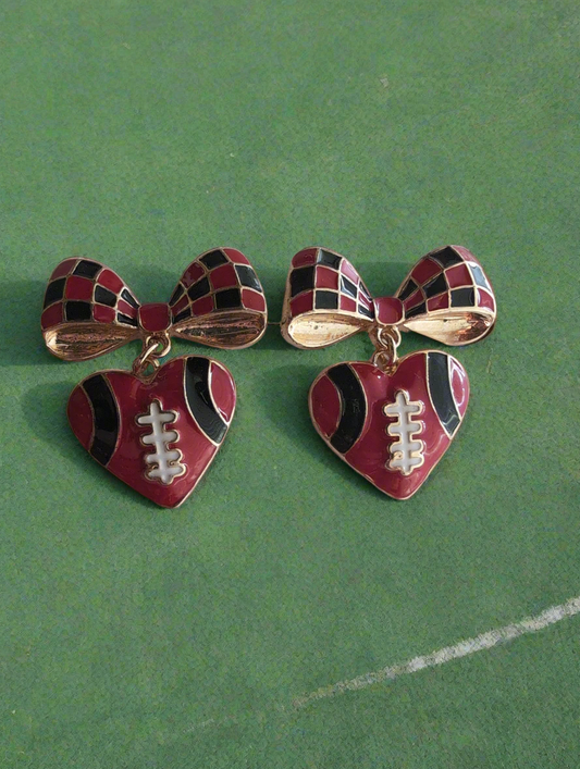 Black and Red Bow Football Earrings with Heart Style # 1300