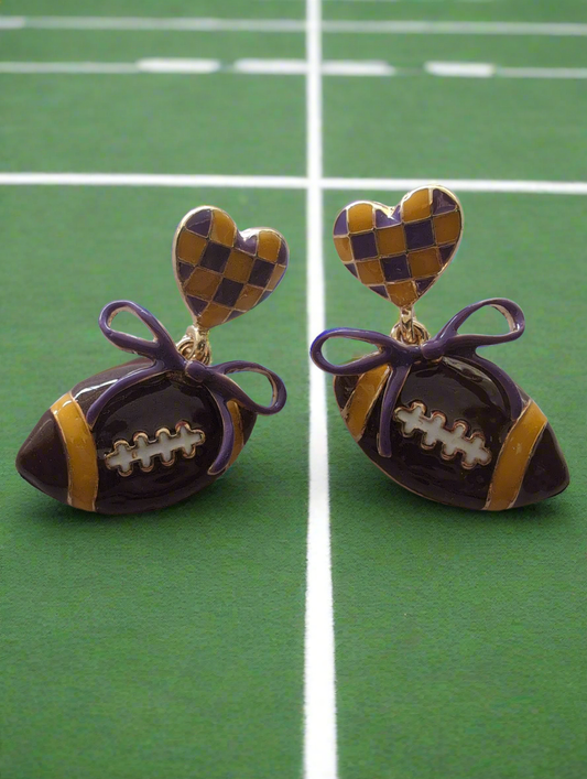 Purple and Yellow Football with Bow Earrings Style # 1302