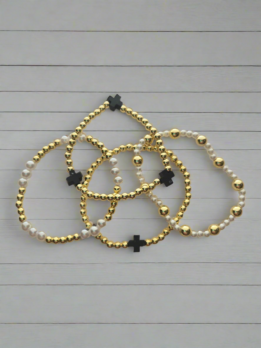 Gold and Pearl Black Cross Bracelet Set Style #1207