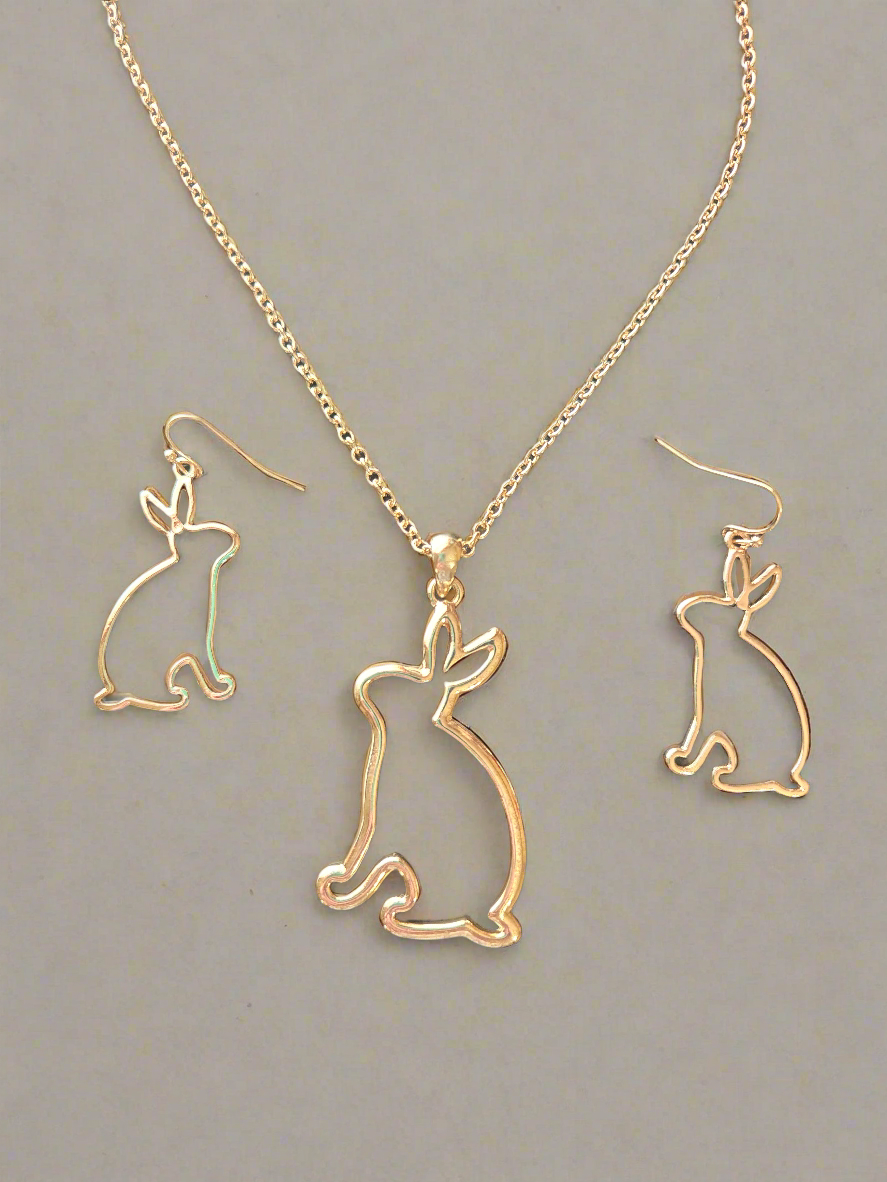 Gold Bunny Necklace And Earrings Set Style #1237