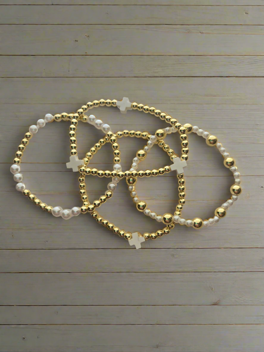 Gold and Pearl White Cross Bracelet Set Style #1208