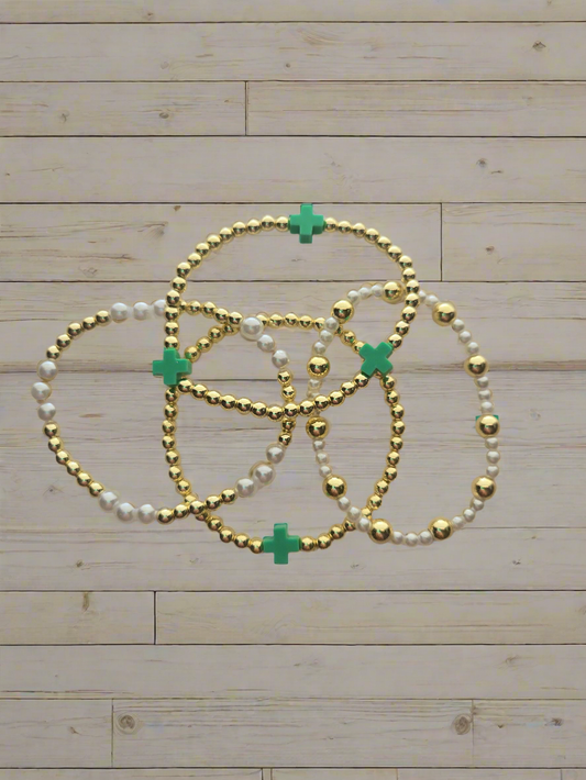 Gold and Pearl Green Cross Bracelet Set Style #1212