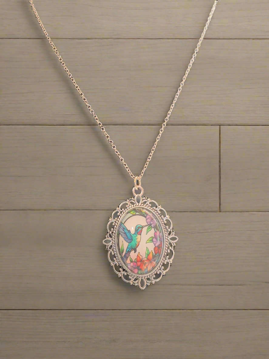 Silver Glass Hummingbird Necklace Style # 1182