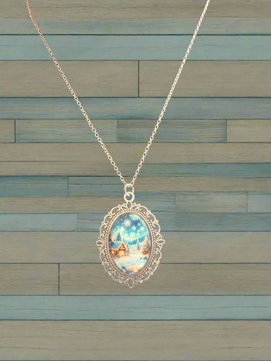 Silver Glass Winter Cabin Necklace Style # 1185