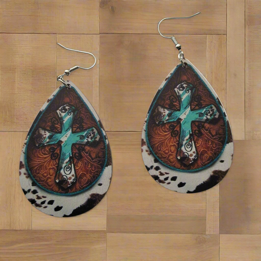 Teal and Brown Cross Earrings Style # 137