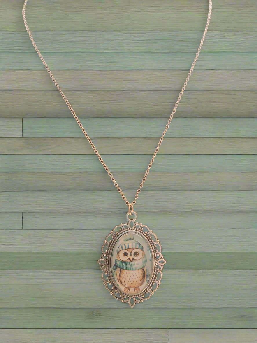 Silver Glass Snow Owl Necklace Style # 1181