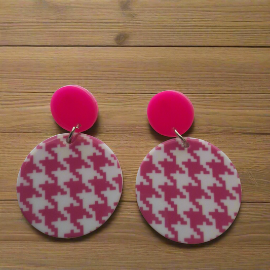 Houndstooth Hot Pink Earrings Style # 586