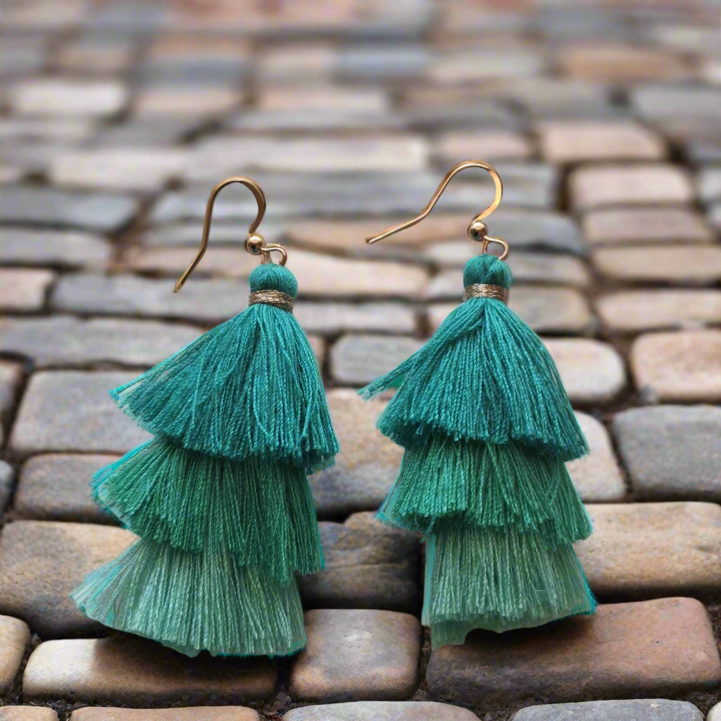 Green Tassle Earrings Style # 458