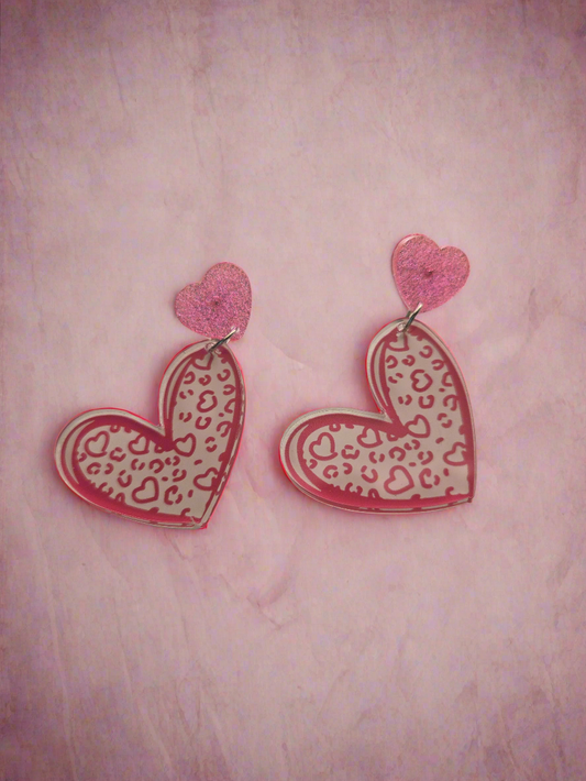 Pink Leopard Heart Earrings Style #1227