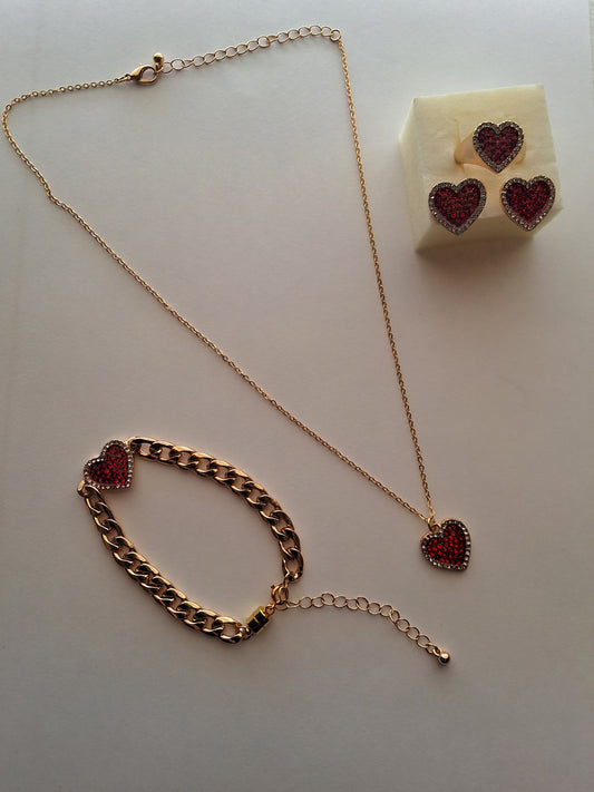 Red Heart Necklace, Bracelet, Earring and Ring Set Style # 1235