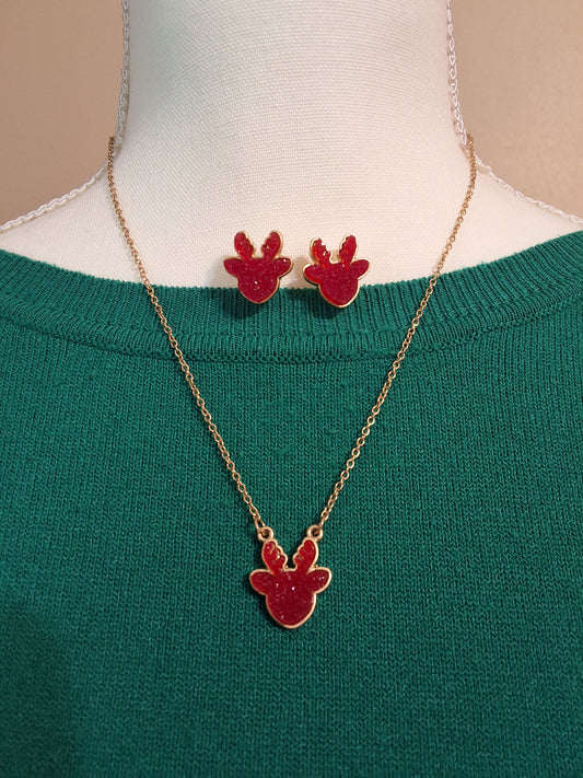 Red Reindeer Necklace with Earring Set Style # 906