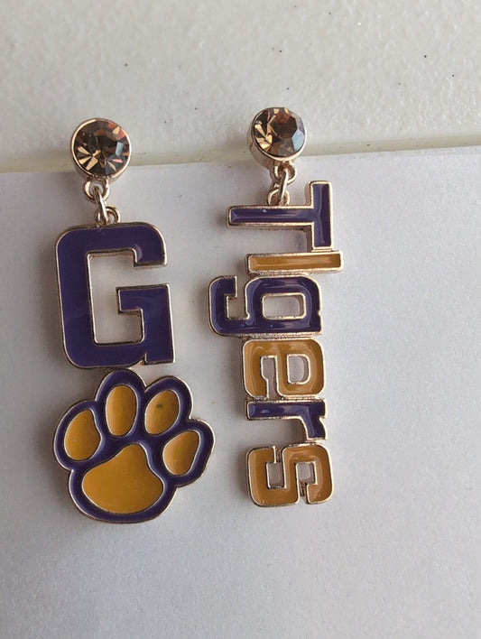 Purple and Yellow Go Tigers Earrings Style # 1329